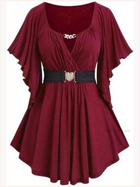 Plus Size Belted Butterfly Sleeve Surplice Top